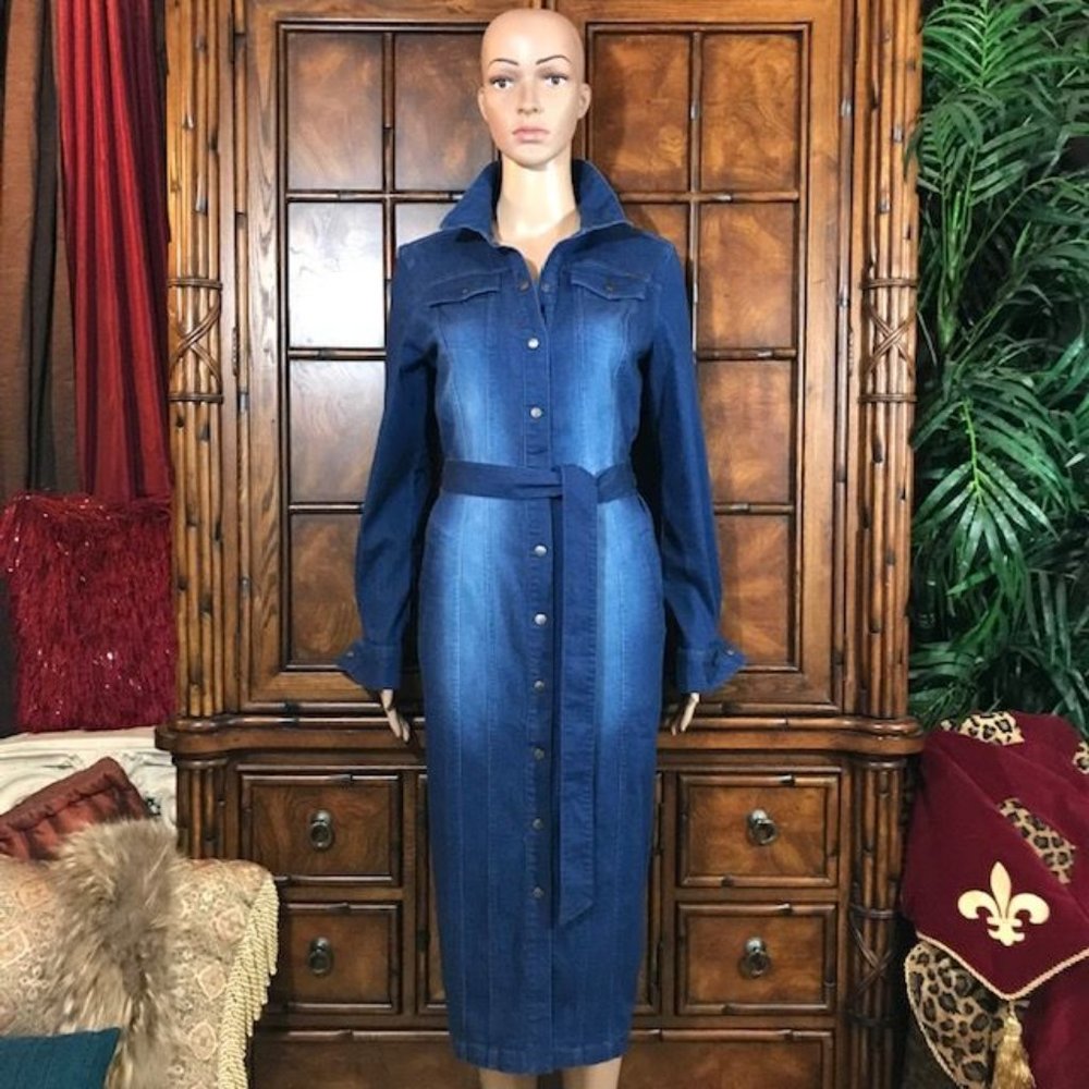 G.I.L.I. Mid Wash Stretch Cotton Denim Snap Front Belted Shirtdress